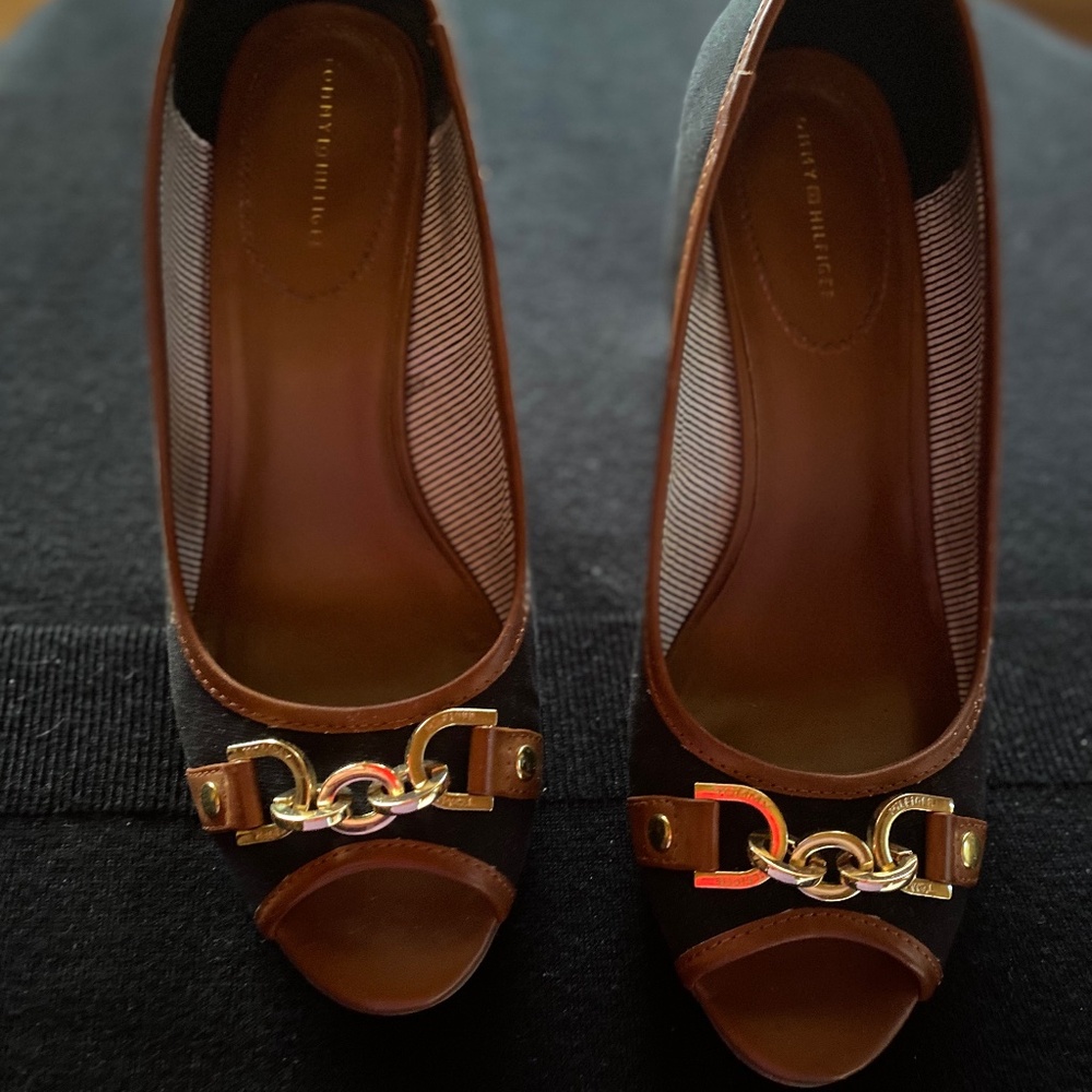 Tommy Hilfiger Canvas/Leather Peep Toe Heel